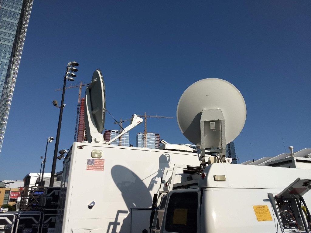 Pay Per Stream satellite uplink trucks on location in Beverly Hills